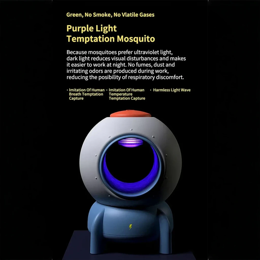 Lâmpada antimosquitos Sothing Rocket Mosquito Killer Azul com design em forma de foguete, luz UV roxa interna, corpo cinza-azul e base estável com ícone de