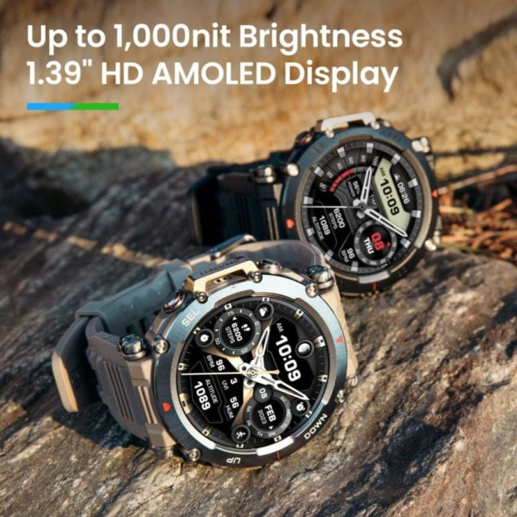 Amazfit T-Rex Ultra Preto com caixa robusta cinza, botões laterais, pulseira preta de silicone, mostrador digital com métricas de passos, batimentos e - Item2