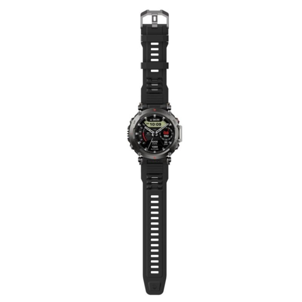 Amazfit T-Rex Ultra Preto com caixa robusta cinza, botões laterais, pulseira preta de silicone, mostrador digital com métricas de passos, batimentos e - Item11