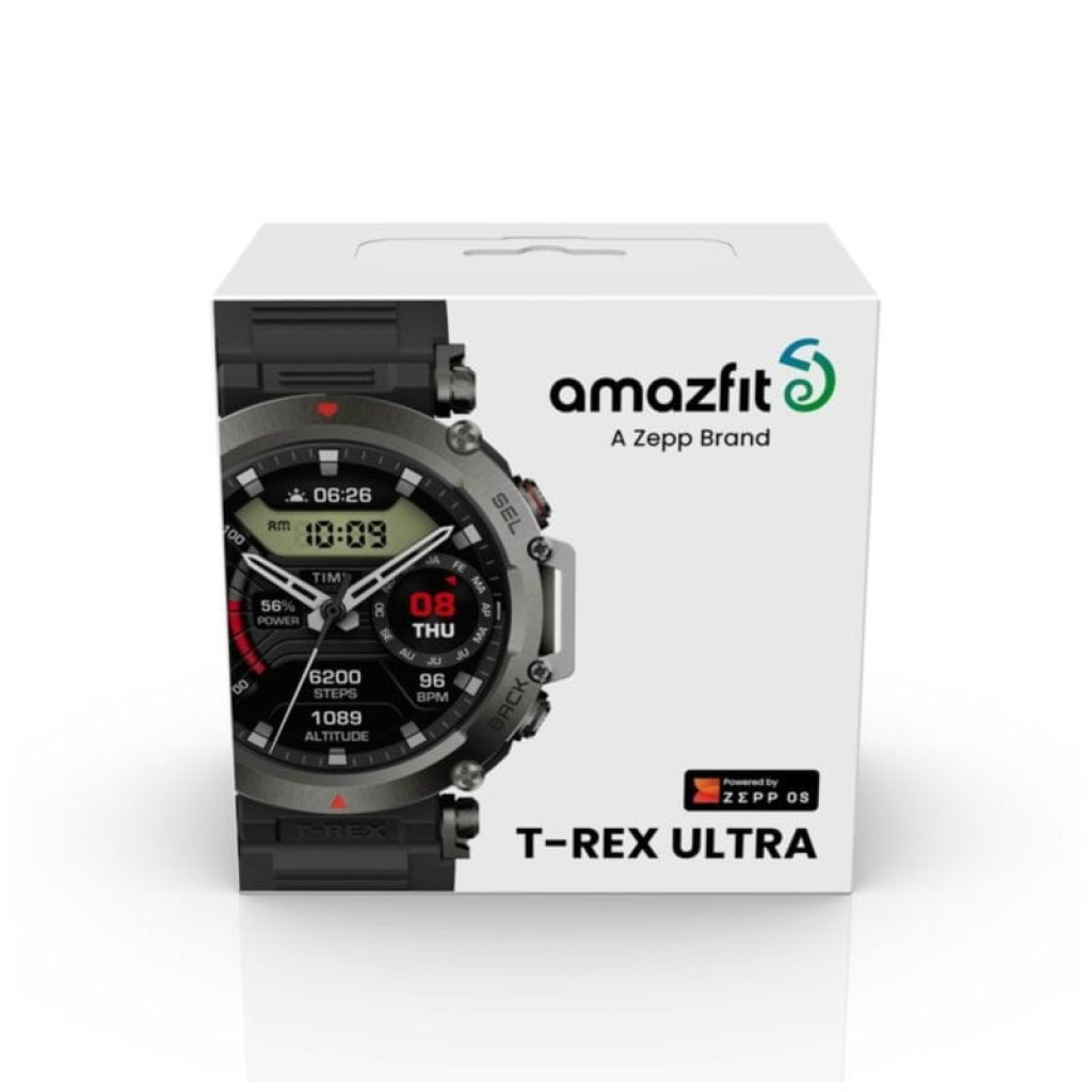Amazfit T-Rex Ultra Preto com caixa robusta cinza, botões laterais, pulseira preta de silicone, mostrador digital com métricas de passos, batimentos e - Item9
