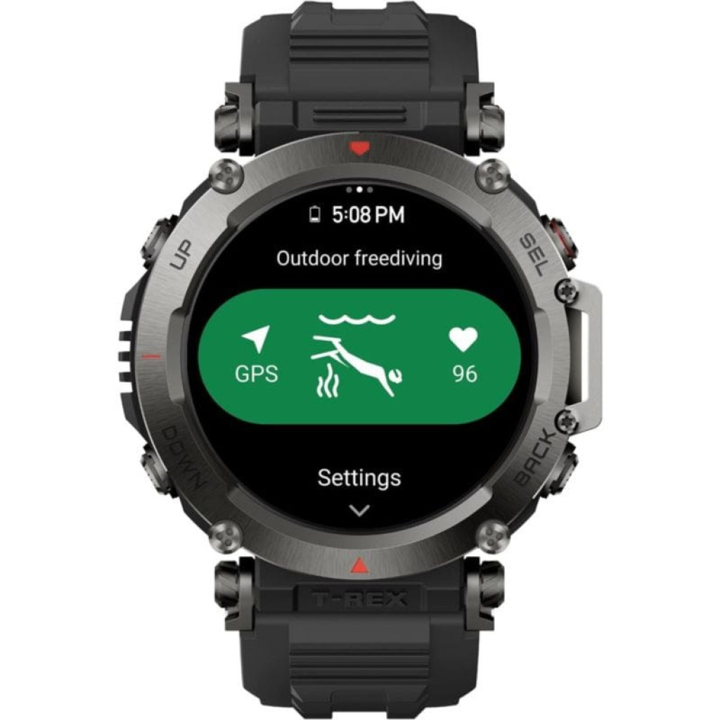Amazfit T-Rex Ultra Preto com caixa robusta cinza, botões laterais, pulseira preta de silicone, mostrador digital com métricas de passos, batimentos e - Item8