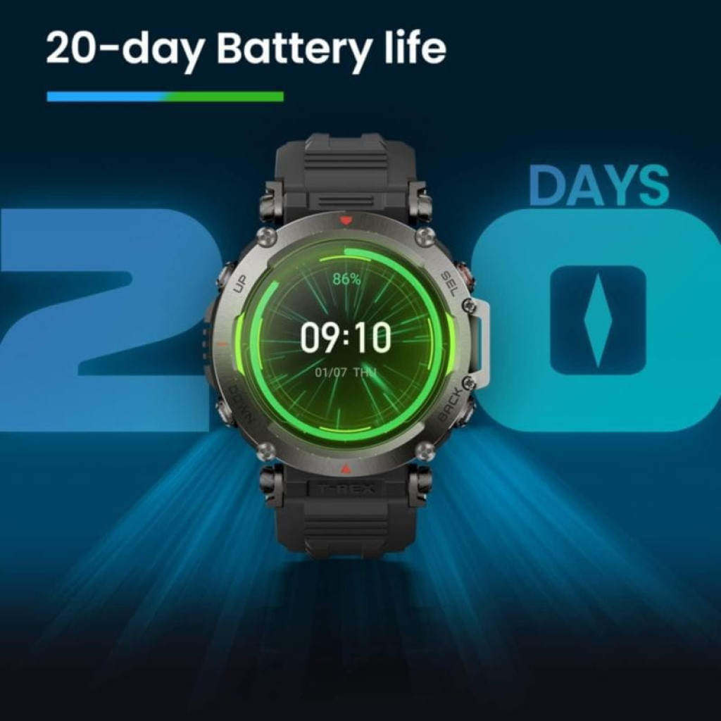 Amazfit T-Rex Ultra Preto com caixa robusta cinza, botões laterais, pulseira preta de silicone, mostrador digital com métricas de passos, batimentos e - Item7