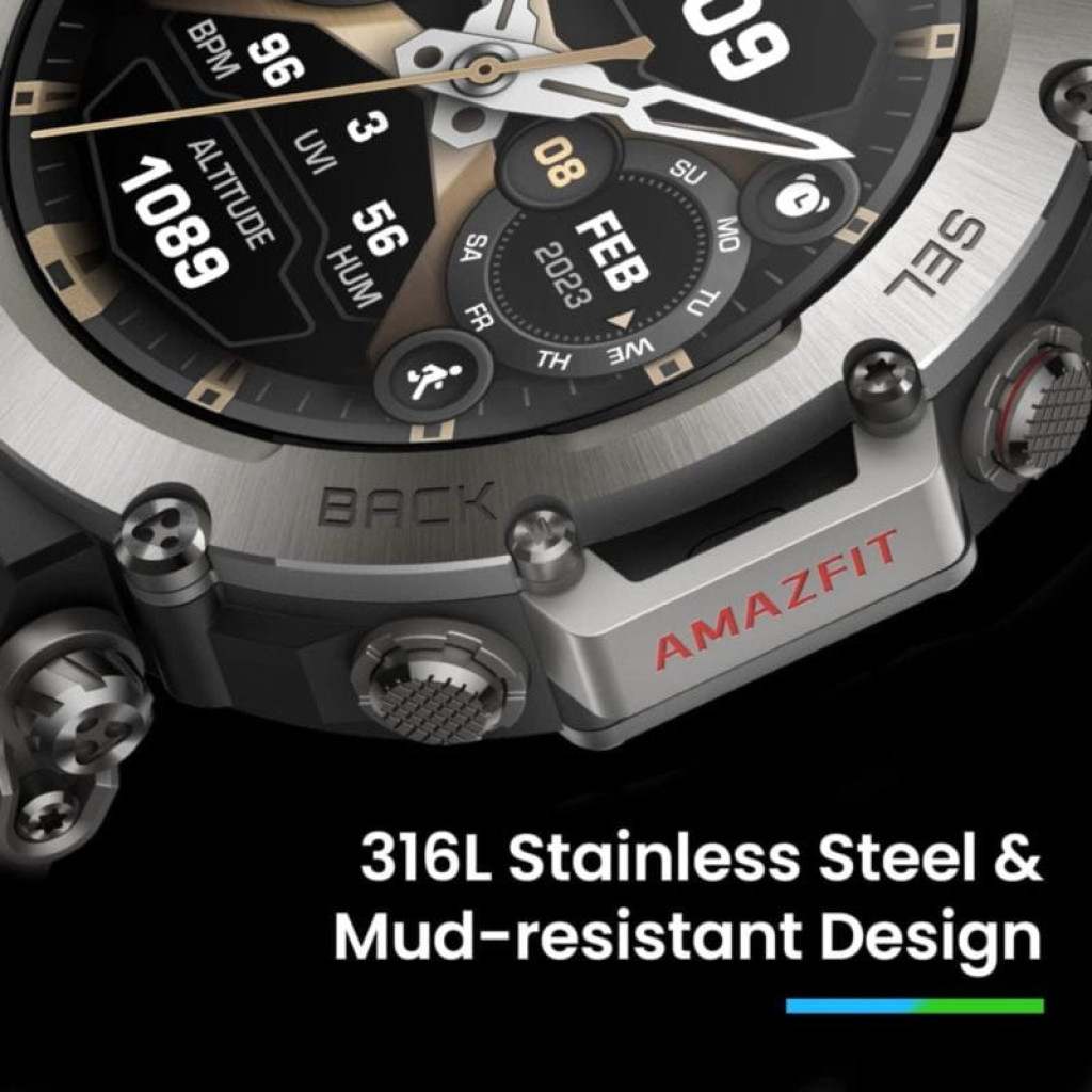 Amazfit T-Rex Ultra Preto com caixa robusta cinza, botões laterais, pulseira preta de silicone, mostrador digital com métricas de passos, batimentos e - Item6