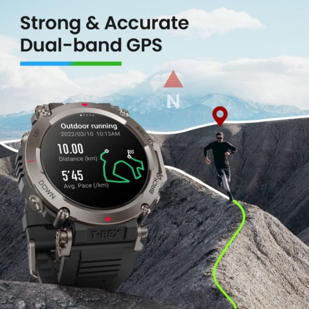 Amazfit T-Rex Ultra Preto com caixa robusta cinza, botões laterais, pulseira preta de silicone, mostrador digital com métricas de passos, batimentos e - Item4