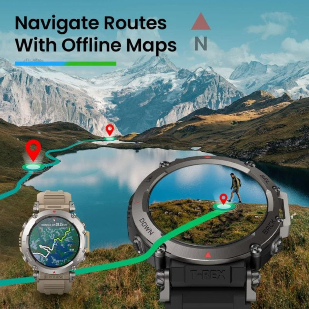 Amazfit T-Rex Ultra Preto com caixa robusta cinza, botões laterais, pulseira preta de silicone, mostrador digital com métricas de passos, batimentos e - Item3