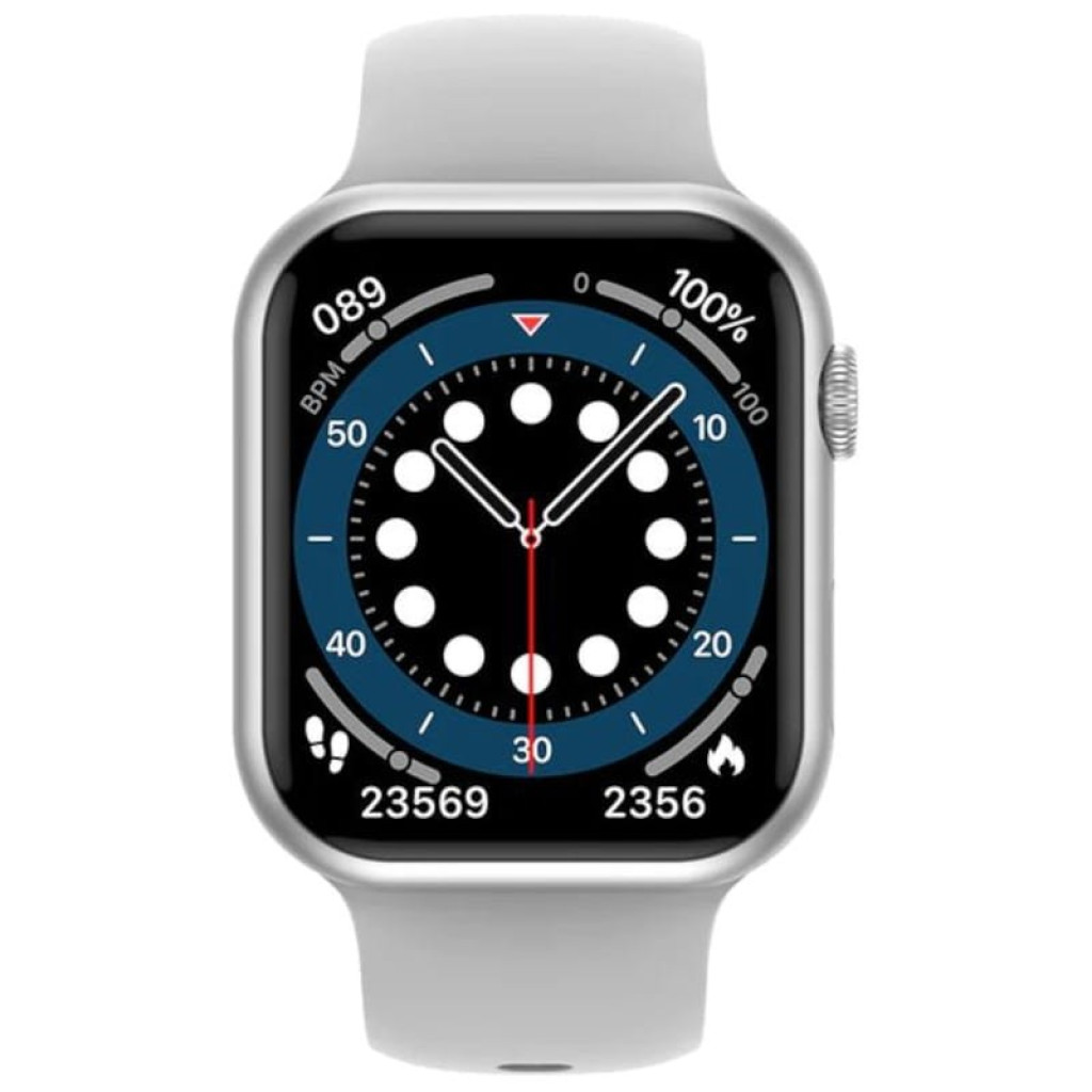 Kumi KU3 Meta Plata Smartwatch desprecintado con caja plateada, pantalla cuadrada negra, corona lateral roja y correa de silicona gris ajustable - Ítem5