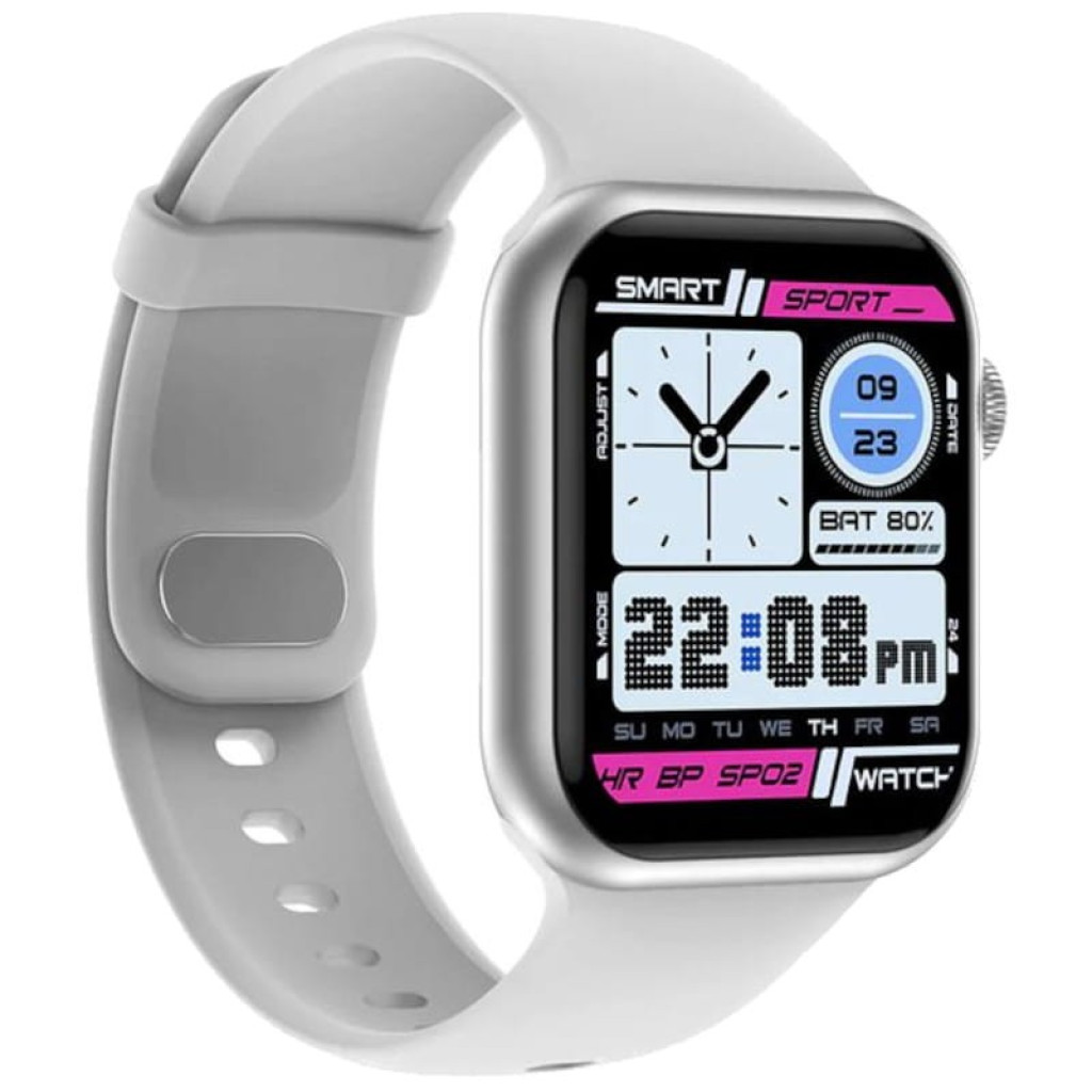 Kumi KU3 Meta Plata Smartwatch desprecintado con caja plateada, pantalla cuadrada negra, corona lateral roja y correa de silicona gris ajustable - Ítem4