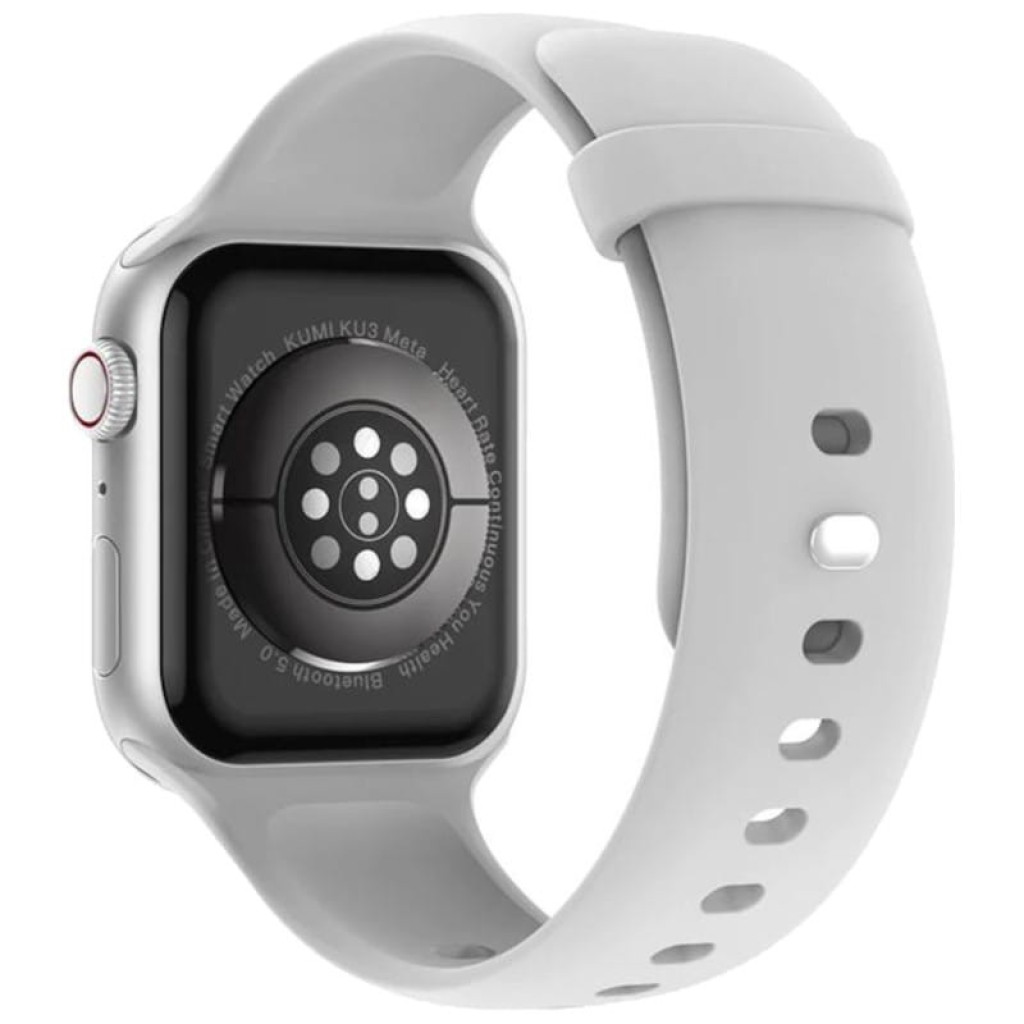 Kumi KU3 Meta Plata Smartwatch desprecintado con caja plateada, pantalla cuadrada negra, corona lateral roja y correa de silicona gris ajustable - Ítem3