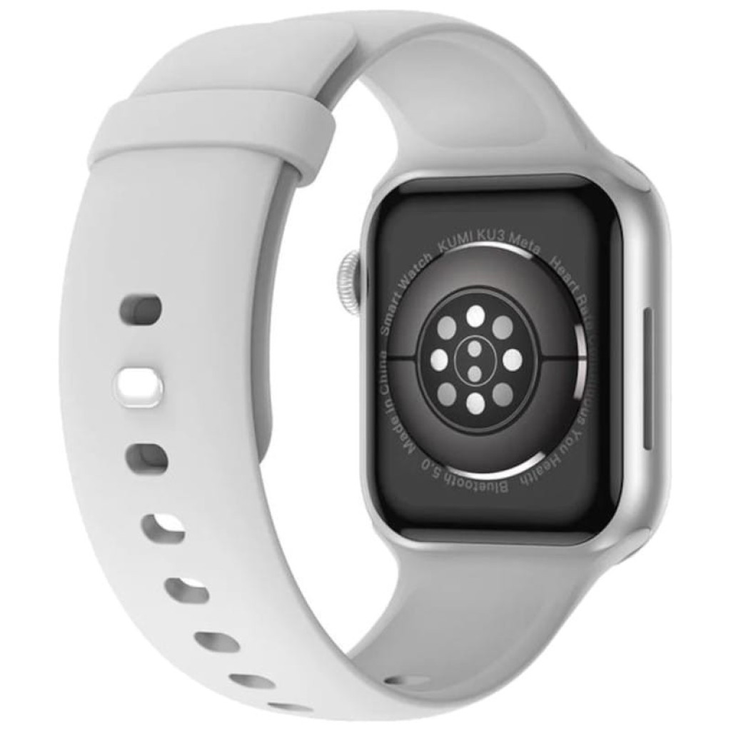 Kumi KU3 Meta Plata Smartwatch desprecintado con caja plateada, pantalla cuadrada negra, corona lateral roja y correa de silicona gris ajustable - Ítem2