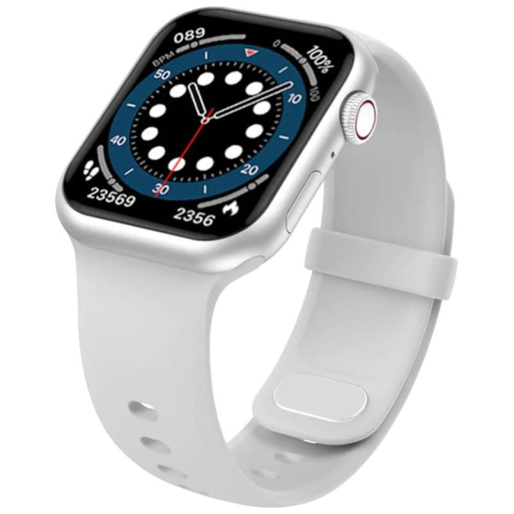 Kumi KU3 Meta Plata Smartwatch desprecintado con caja plateada, pantalla cuadrada negra, corona lateral roja y correa de silicona gris ajustable - Ítem1