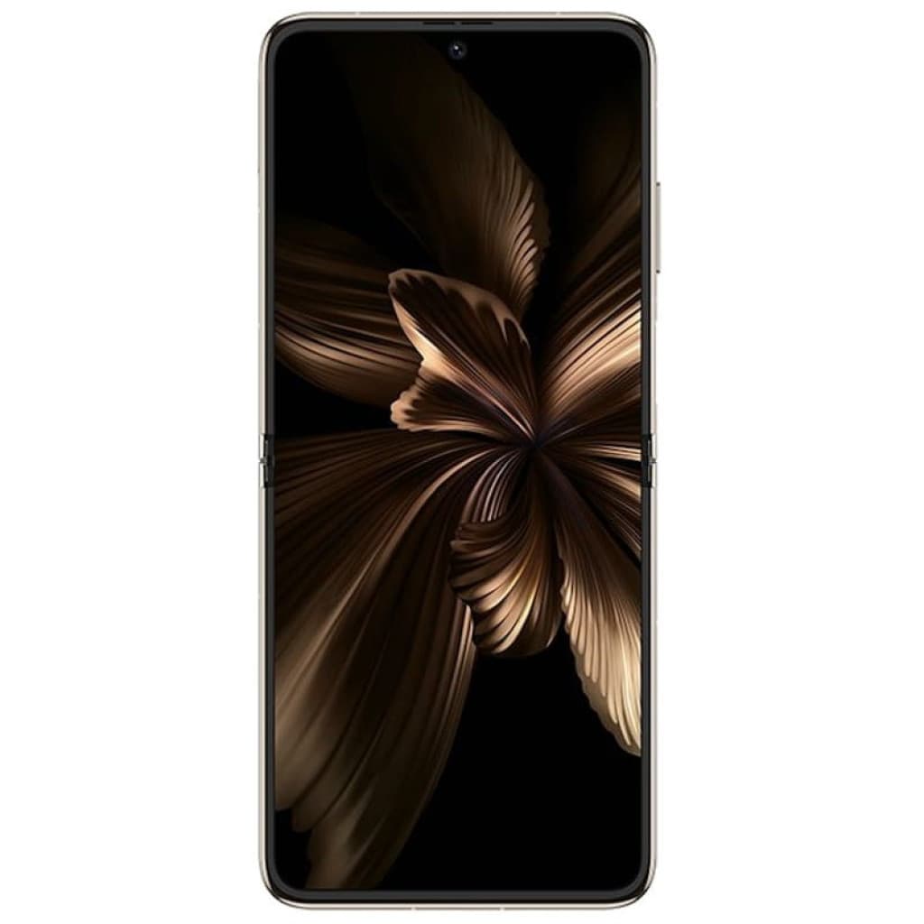 Huawei P50 Pocket or déplié, écran OLED bord à bord avec poinçon central, motif floral doré sur fond noir, bords fins et design pliable premium