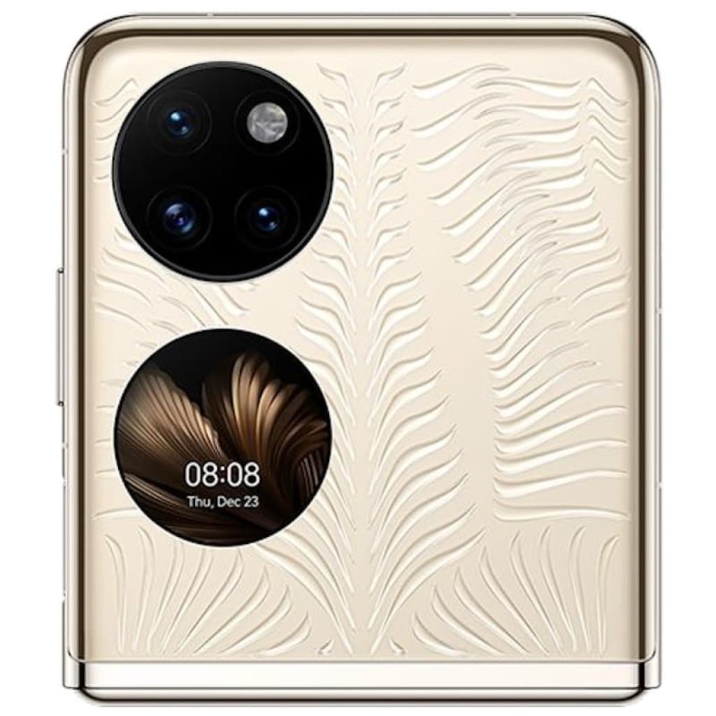 Huawei P50 Pocket or pliable avec motif feuille en relief, triple capteur circulaire et écran externe rond affichant lheure; état déscellé