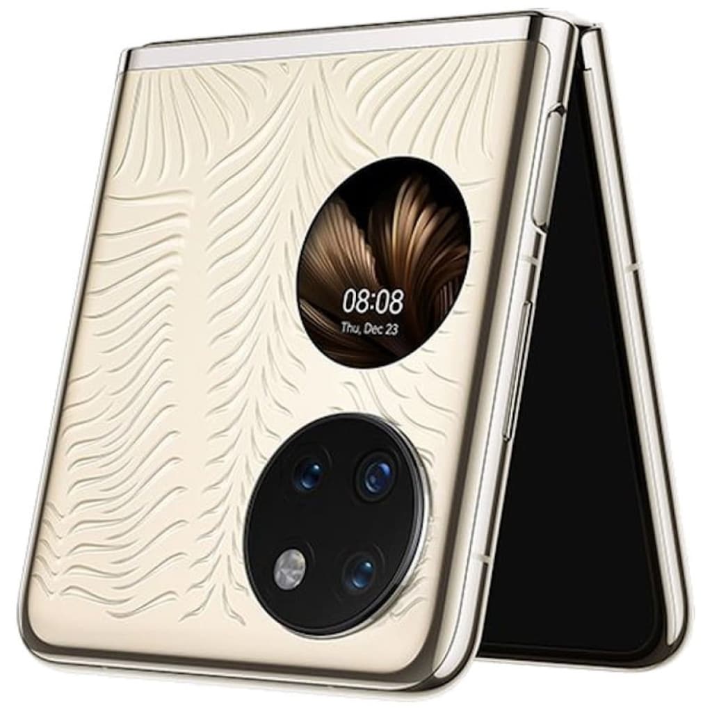 Huawei P50 Pocket 12GB/512GB or, smartphone pliable luxe avec coque texturée feuilles, écran externe rond et grand module photo triple circulaire