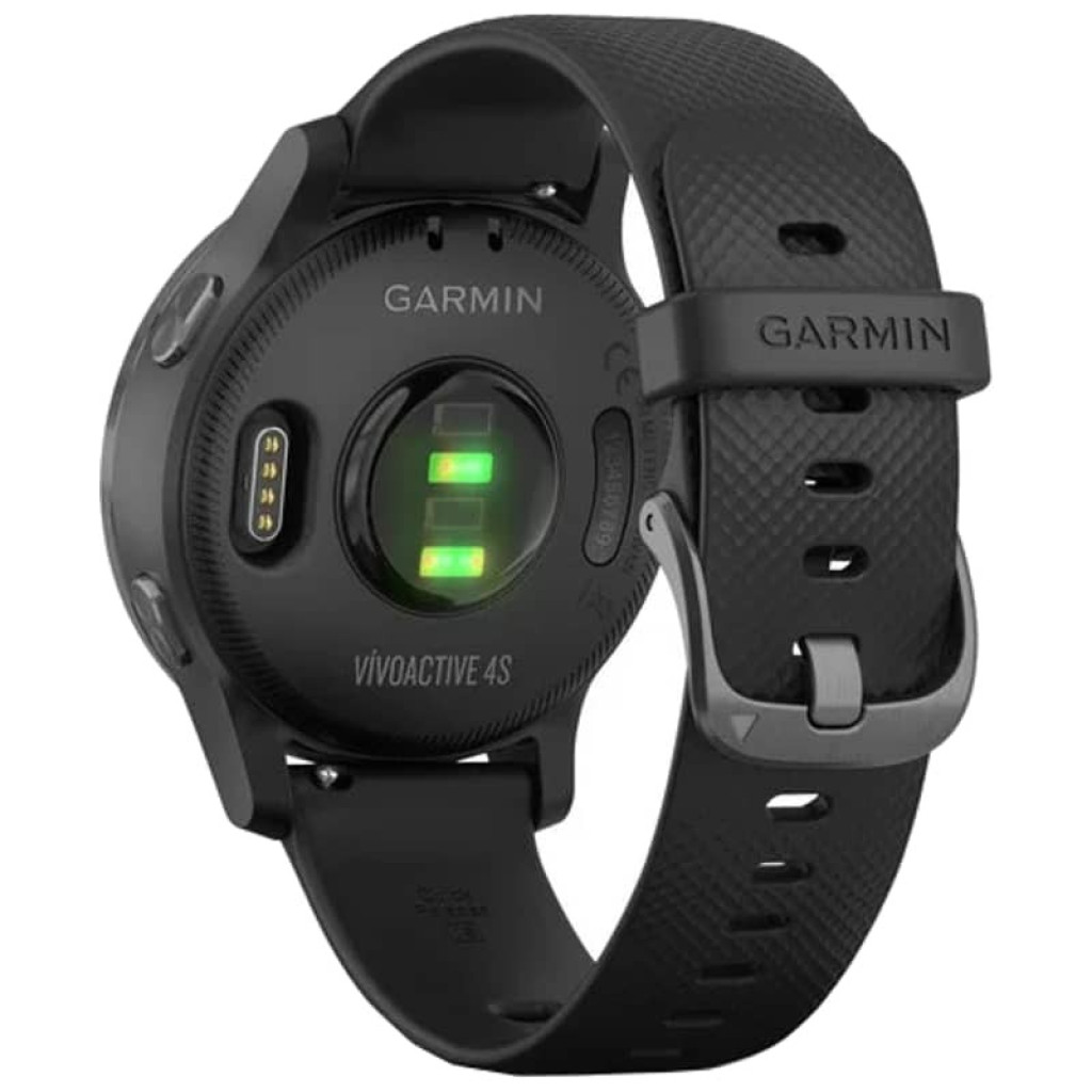 Relógio Garmin Vivoactive 4s 40 mm preto com pulseira preta, caixa arredondada, tela touch circular e botões laterais, design esportivo e elegante - Item1