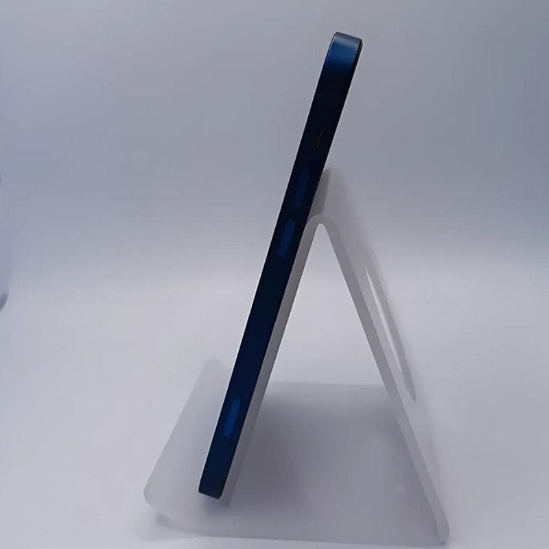 iPhone 12 128Go 5G Bleu Renewed État Excellent, profil latéral fin, bords plats en aluminium bleu, boutons alignés, finition mate élégante