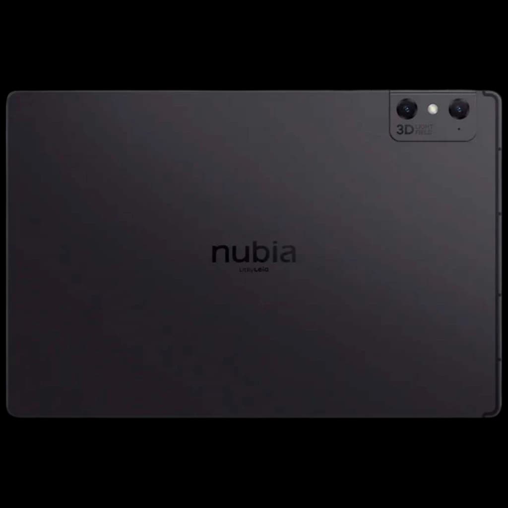 Tableta Nubia Pad 3D 12.4 pulgadas en negro, carcasa metálica mate, módulo dual de cámara trasera con logo 3D, bordes rectos y acabado minimalista