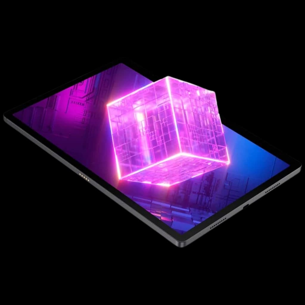 Nubia Pad 3D 12.4 com tela ampla, efeito 3D sem óculos exibindo cubo luminoso rosa, bordas finas e design moderno; 8 GB RAM e 128 GB de armazenamento