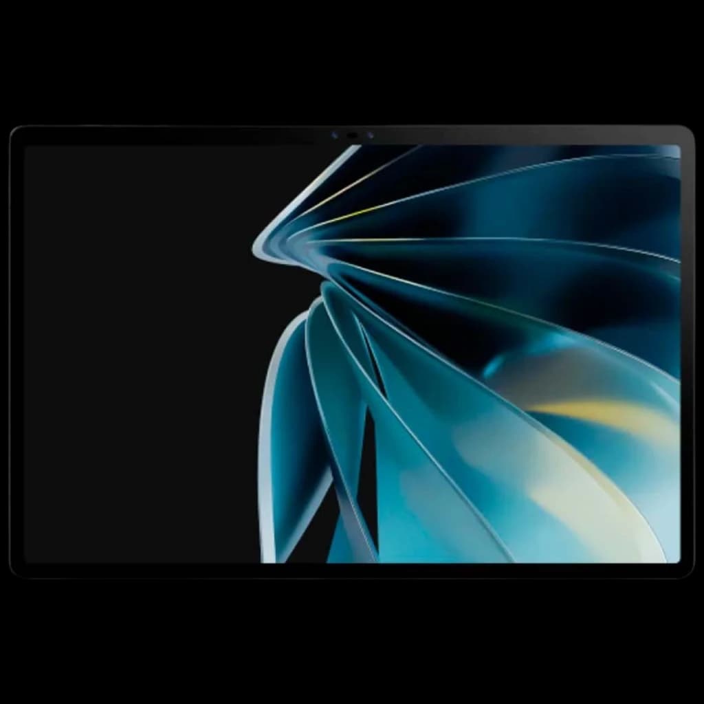 Nubia Pad 3D 12.4 con pantalla amplia sin marcos gruesos, borde negro delgado, cámara frontal centrada y fondo abstracto azul con efecto 3D brillante