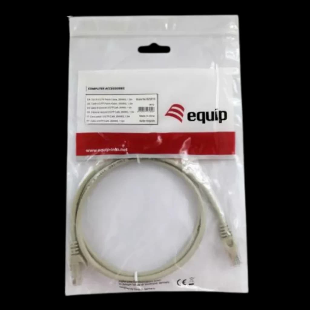 Cable Ethernet Equip 625414 Cat.6 U/UTP 5 m, color gris, con conectores RJ45, presentado en bolsa transparente con etiqueta de la marca y especificaciones.