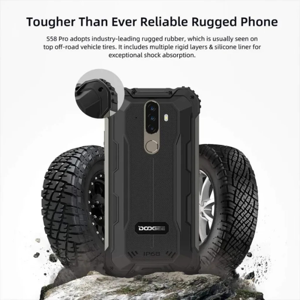 Doogee S58 Pro 6GB 64GB preto reforçado, corpo robusto com proteção IP68, dupla câmera traseira e leitor de digitais, tela com notch em V - Item1