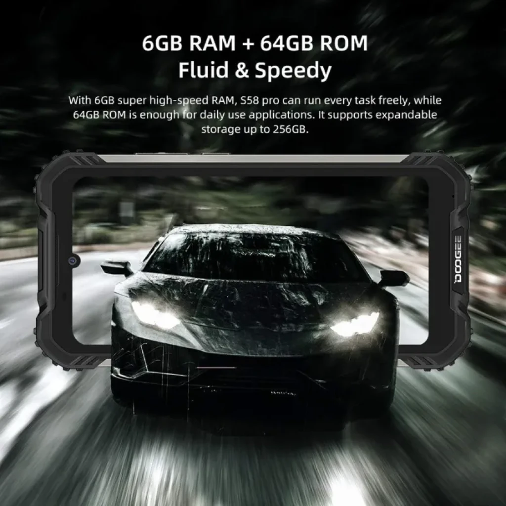 Doogee S58 Pro 6GB 64GB preto reforçado, corpo robusto com proteção IP68, dupla câmera traseira e leitor de digitais, tela com notch em V - Item2