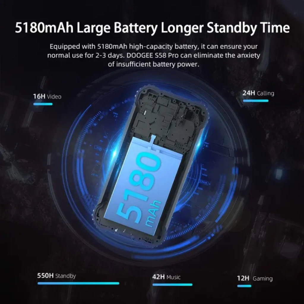 Doogee S58 Pro 6GB 64GB preto reforçado, corpo robusto com proteção IP68, dupla câmera traseira e leitor de digitais, tela com notch em V - Item3