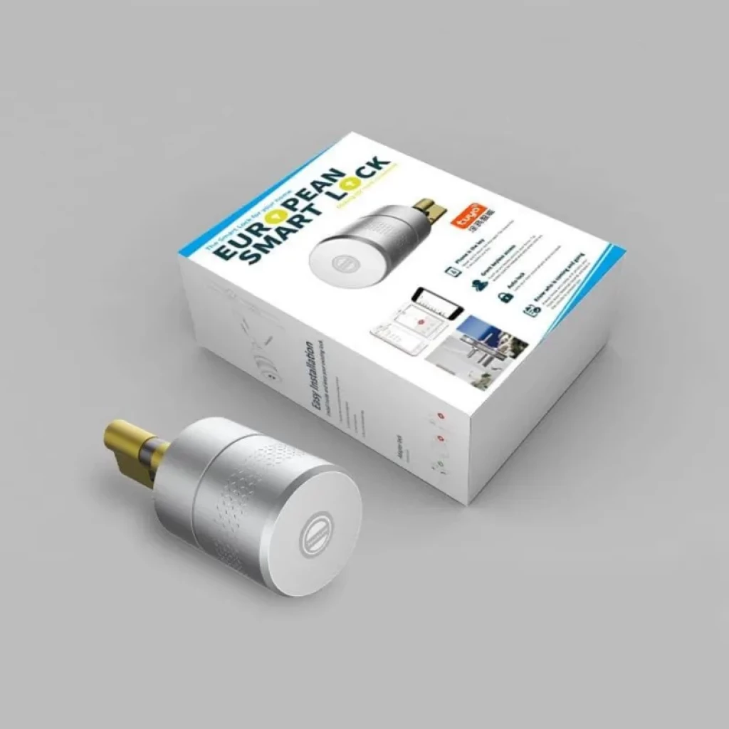 Fecho Eletrónico Zemismart M500 Zigbee Sem selo em alumínio prateado cilíndrico, detalhe texturizado lateral e cilindro dourado para porta inteligente - Item1