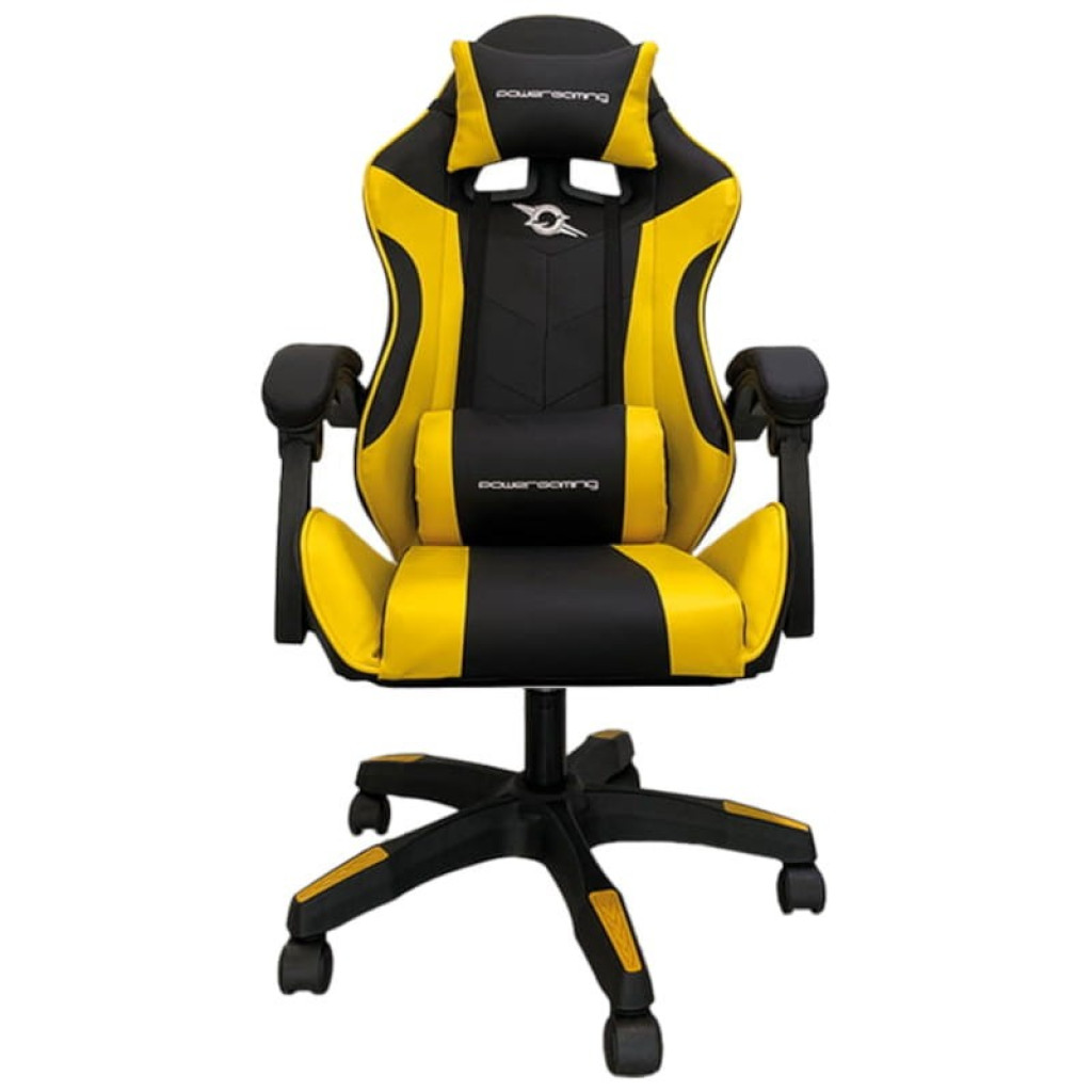 Silla gaming PowerGaming amarillo y negro con reposacabezas, cojín lumbar, apoyabrazos acolchados, base con ruedas y diseño ergonómico deportivo - Ítem7