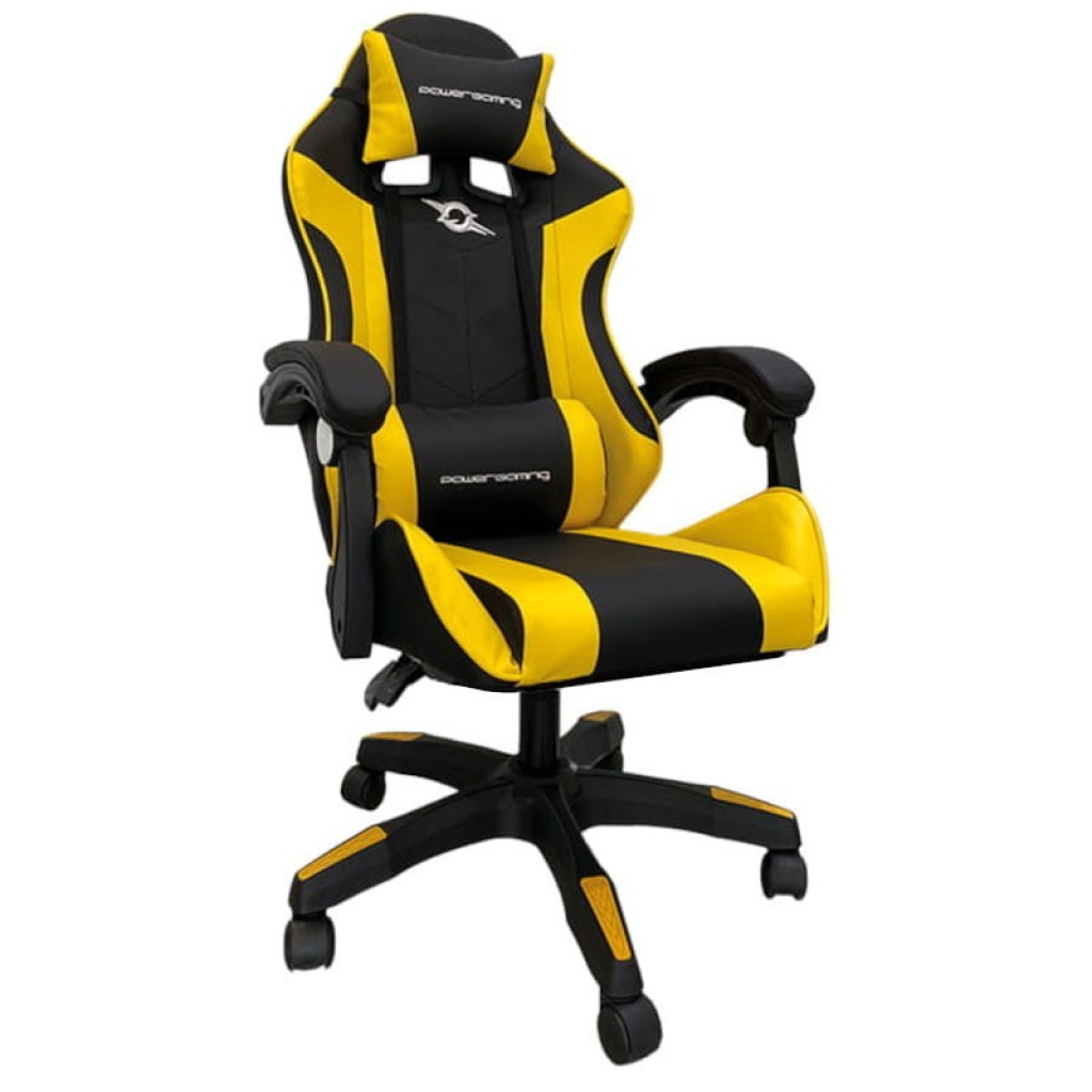 Silla gaming PowerGaming amarillo y negro con reposacabezas, cojín lumbar, apoyabrazos acolchados, base con ruedas y diseño ergonómico deportivo - Ítem6