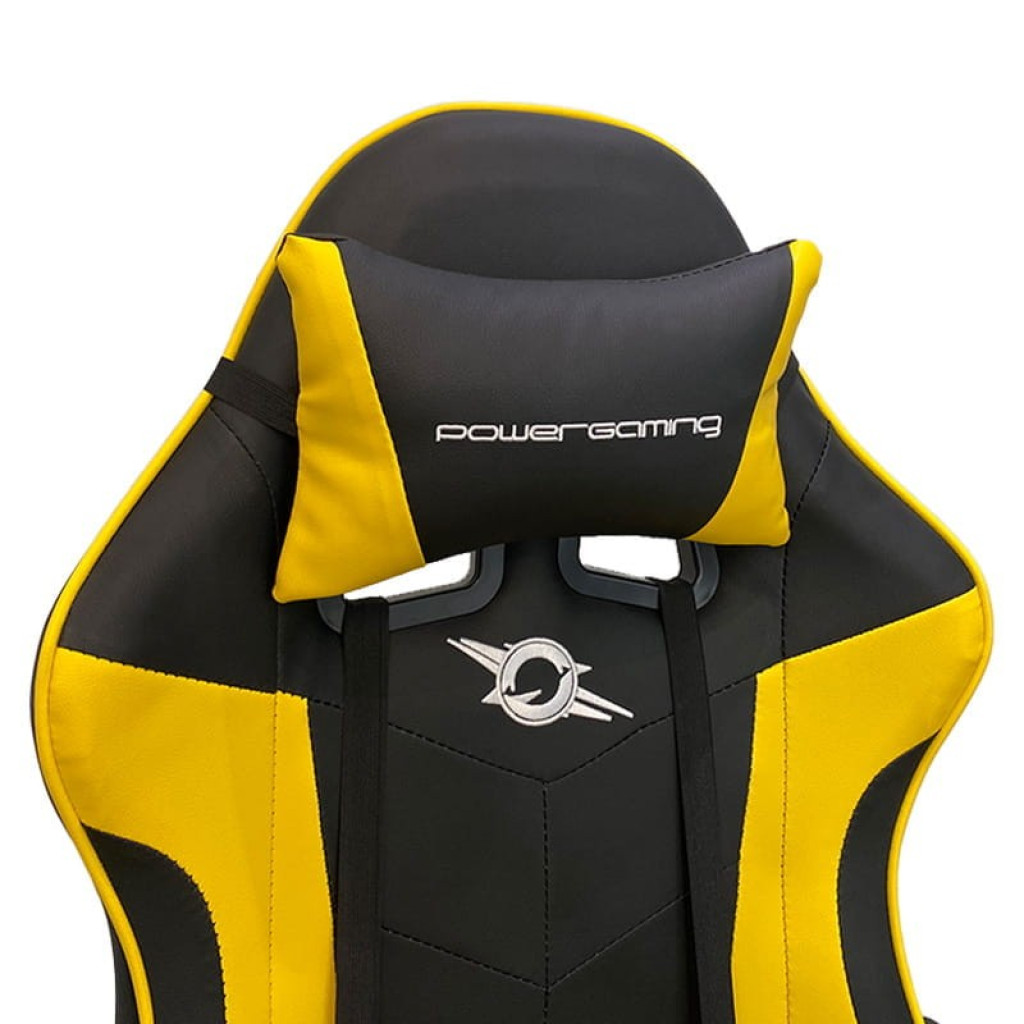 Silla gaming PowerGaming amarillo y negro con reposacabezas, cojín lumbar, apoyabrazos acolchados, base con ruedas y diseño ergonómico deportivo - Ítem5