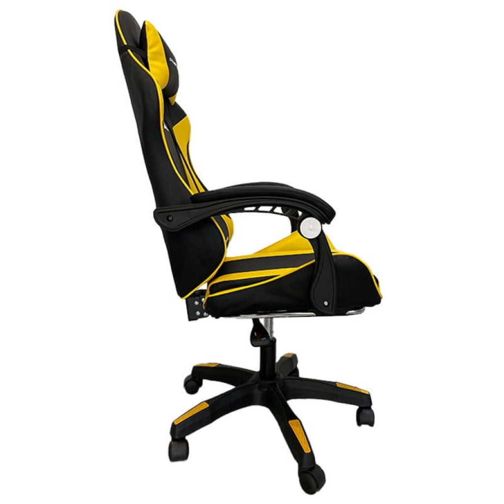 Silla gaming PowerGaming amarillo y negro con reposacabezas, cojín lumbar, apoyabrazos acolchados, base con ruedas y diseño ergonómico deportivo - Ítem4