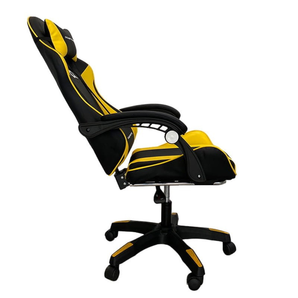 Silla gaming PowerGaming amarillo y negro con reposacabezas, cojín lumbar, apoyabrazos acolchados, base con ruedas y diseño ergonómico deportivo - Ítem3