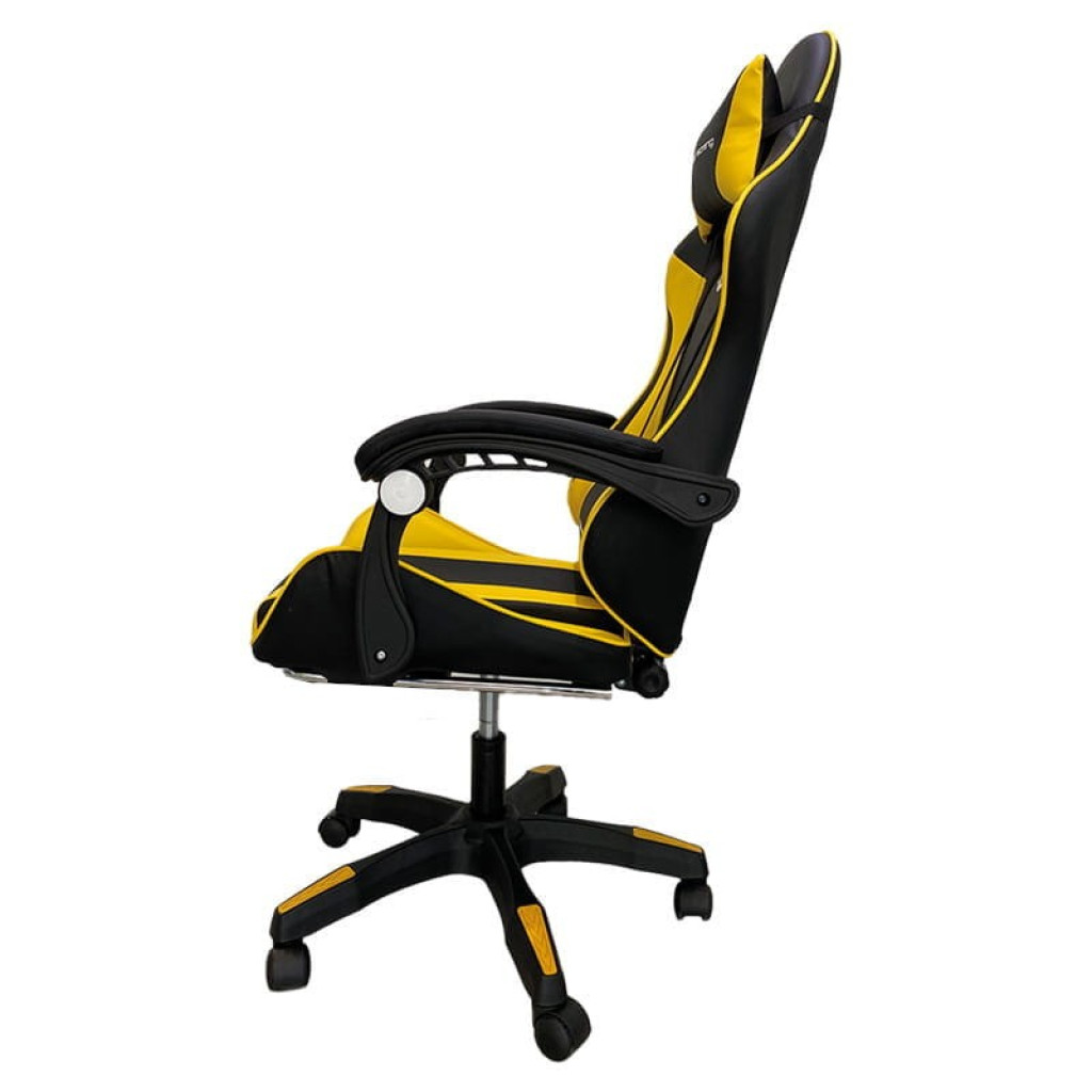 Silla gaming PowerGaming amarillo y negro con reposacabezas, cojín lumbar, apoyabrazos acolchados, base con ruedas y diseño ergonómico deportivo - Ítem2