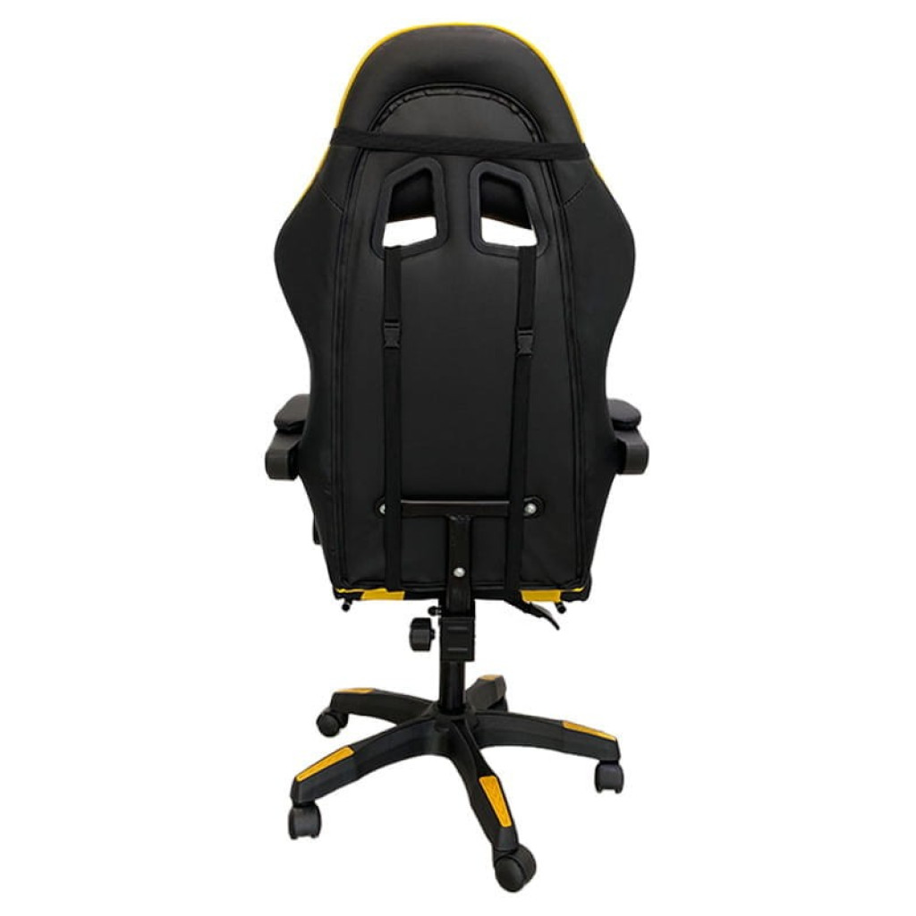 Silla gaming PowerGaming amarillo y negro con reposacabezas, cojín lumbar, apoyabrazos acolchados, base con ruedas y diseño ergonómico deportivo - Ítem1