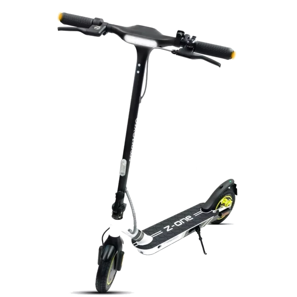 SmartGyro Z-ONE 350W Cinza, scooter elétrica dobrável com quadro preto e cinza, rodas com detalhes amarelos, freio traseiro a disco e deck antiderrapante - Item1