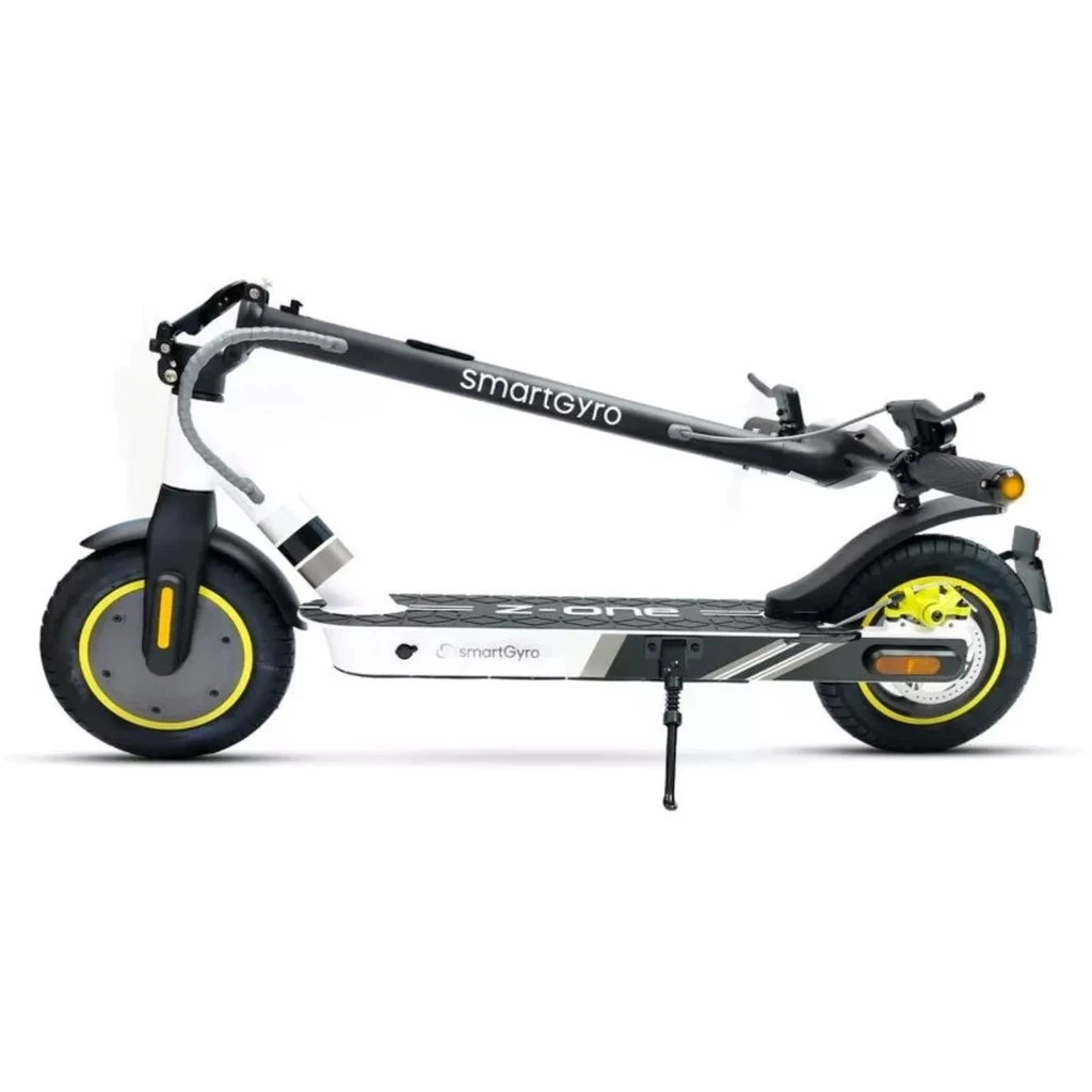 SmartGyro Z-ONE 350W Cinza, scooter elétrica dobrável com quadro preto e cinza, rodas com detalhes amarelos, freio traseiro a disco e deck antiderrapante - Item3