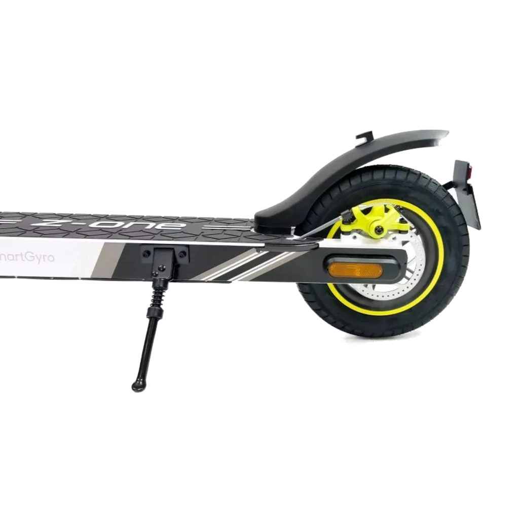 SmartGyro Z-ONE 350W Cinza, scooter elétrica dobrável com quadro preto e cinza, rodas com detalhes amarelos, freio traseiro a disco e deck antiderrapante - Item5