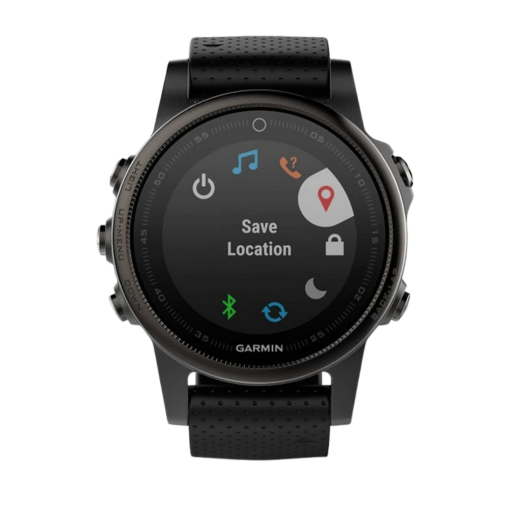Garmin Fenix 5S Zafiro Negro 42 mm con correa negra perforada, bisel metálico oscuro y pantalla circular minimalista; estado desprecintado - Ítem2