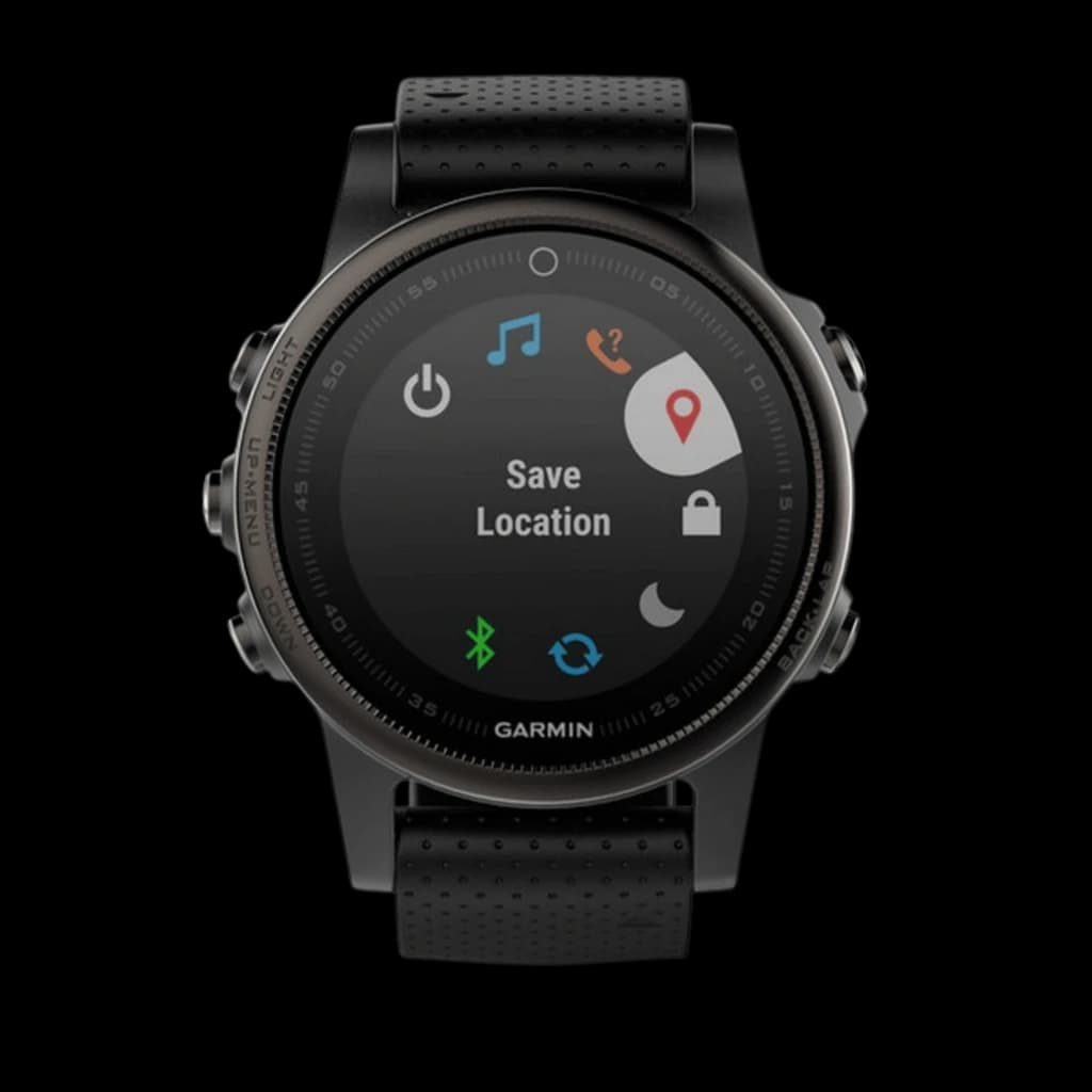 Garmin Fenix 5S Zafiro negro, correa negra 42 mm. Pantalla circular con iconos de GPS, música, llamadas y Bluetooth. Acabado robusto. Desprecintado