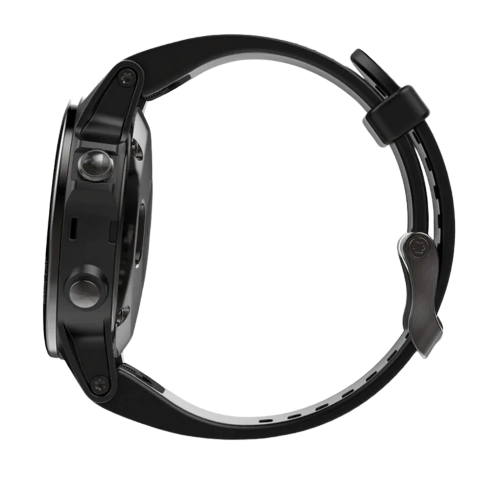 Garmin Fenix 5S Zafiro Negro 42 mm con correa negra perforada, bisel metálico oscuro y pantalla circular minimalista; estado desprecintado - Ítem1