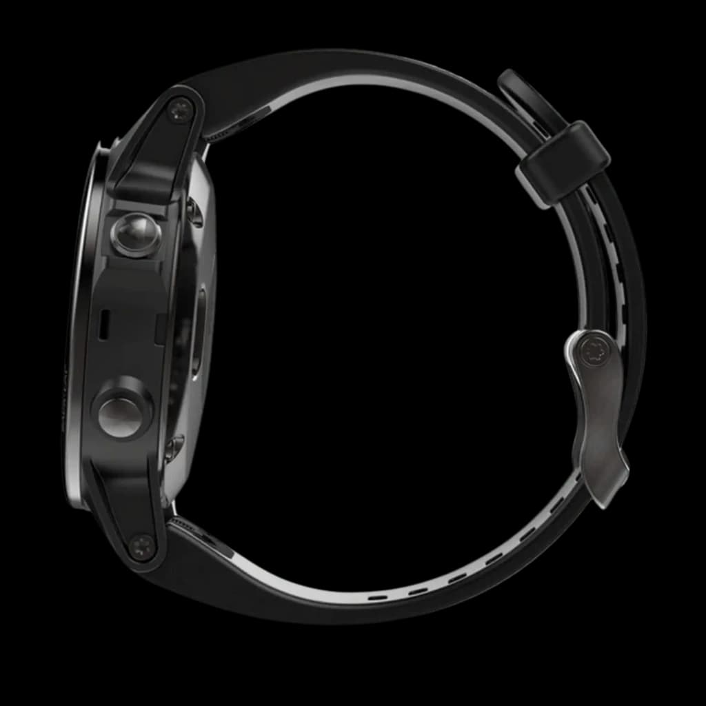 Perfil lateral del Garmin Fenix 5S Zafiro Negro 42 mm con correa negra de silicona, bisel metálico oscuro, botones laterales y hebilla robusta desprecintado