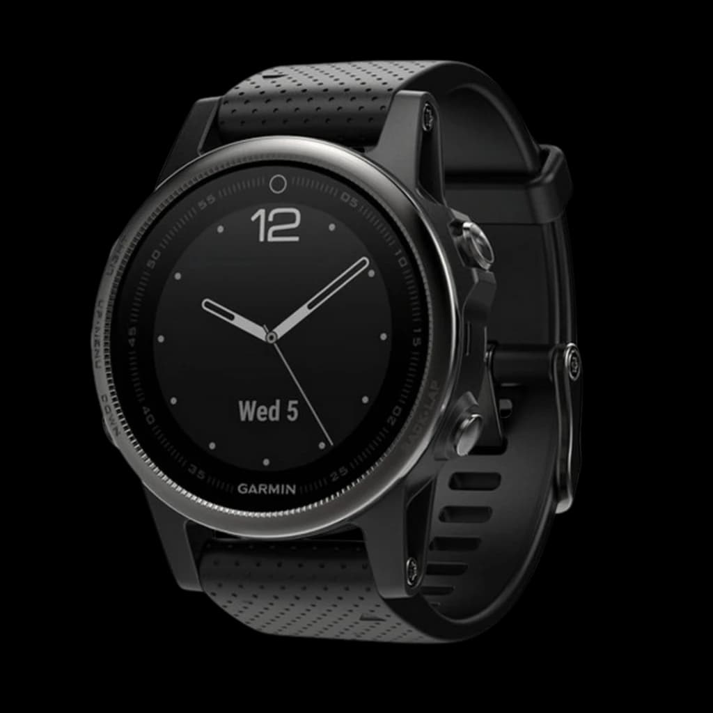 Garmin Fenix 5S Zafiro Negro 42 mm con correa negra perforada, bisel metálico oscuro y pantalla circular minimalista; estado desprecintado