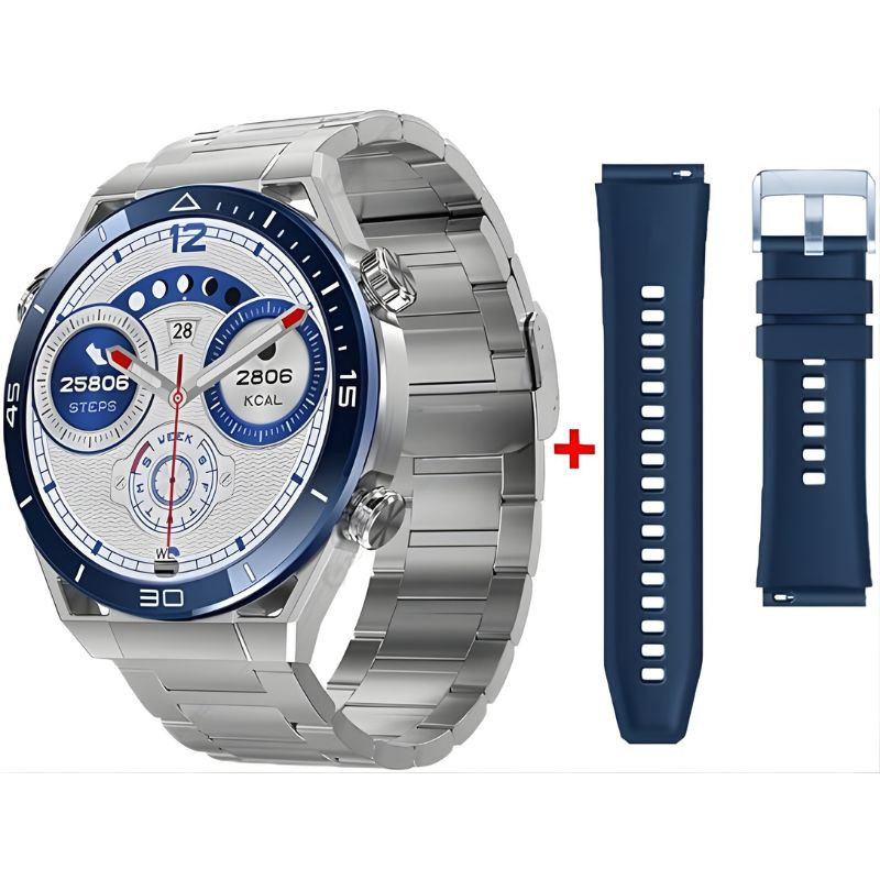 DT NO.1 Ultra Mate Prateado com bracelete metálica prateada, mostrador azul detalhado com indicadores de passos e calorias, moldura numerada e data visível - Item1