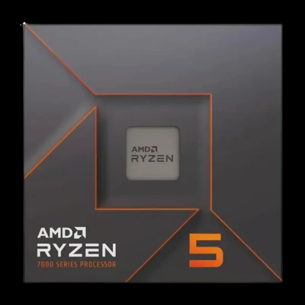 Caja de Procesador AMD Ryzen 5 7600 3,8 GHz BOX con diseño gris y detalles naranjas; ventana central muestra el chip, logo AMD Ryzen y número 5 destacado