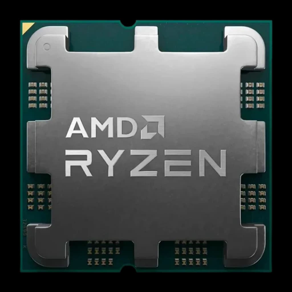 Procesador AMD Ryzen 5 7600 3,8 GHz BOX, chip cuadrado con carcasa metálica plateada y texto AMD Ryzen, sustrato verde y contactos dorados expuestos