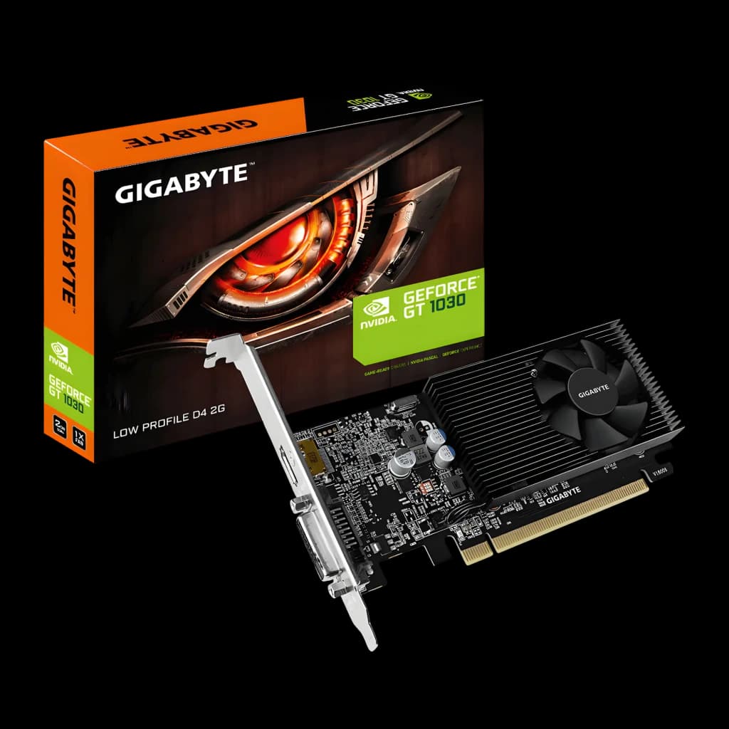 Tarjeta gráfica low profile Gigabyte GeForce GT 1030 D4 2GB GDDR4 con disipador negro, ventilador único, bracket bajo y conector PCIe, caja naranja incluida