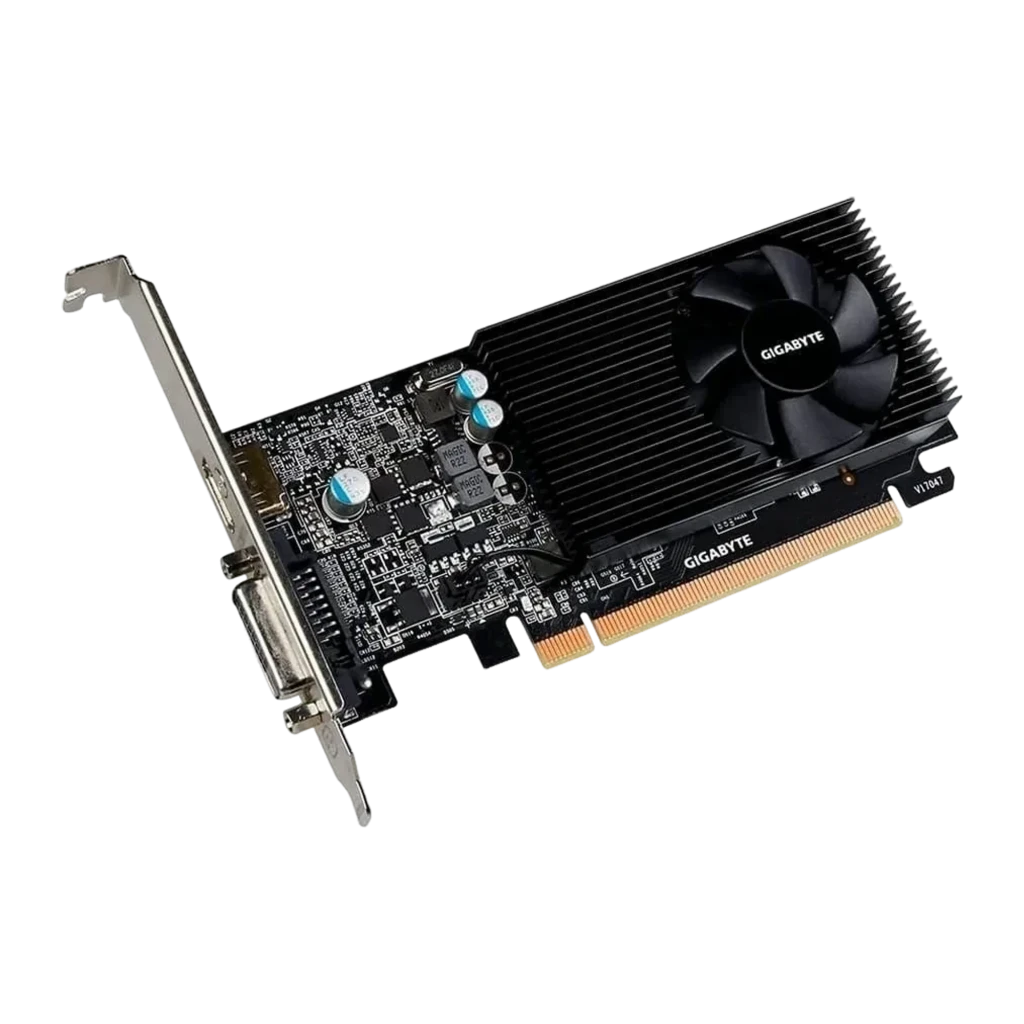 Placa gráfica Gigabyte GeForce GT 1030 D4 Low Profile, 2GB GDDR4, PCB preto, dissipador com ventoinha única, bracket baixo perfil, caixa laranja ao fundo - Item3