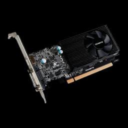 Tarjeta gráfica low profile Gigabyte GeForce GT 1030 D4 con disipador negro y ventilador compacto, PCB expuesto, salida DVI, interfaz PCIe, 2GB GDDR4