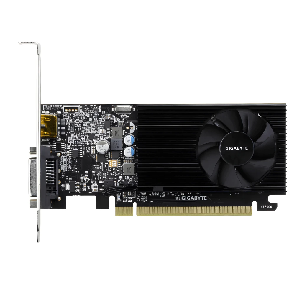 Placa gráfica Gigabyte GeForce GT 1030 D4 Low Profile, 2GB GDDR4, PCB preto, dissipador com ventoinha única, bracket baixo perfil, caixa laranja ao fundo - Item1