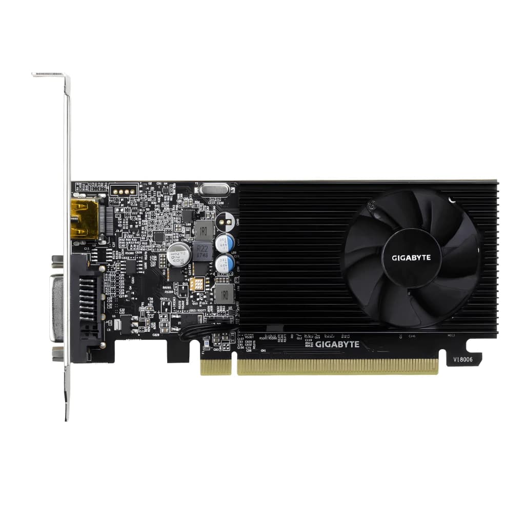 Tarjeta gráfica low profile con disipador negro, ventilador único, salidas HDMI y DVI, PCB compacto y conector PCIe dorado. Modelo Gigabyte GeForce GT 1030